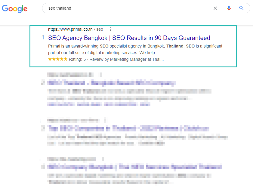 SERPs result when searching SEO Thailand on Google, Rank higher with content gap analysis.
